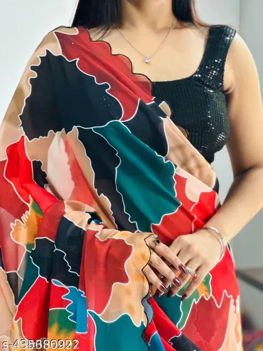 Multicolor Georgette saree with cutwork border, embellished net blouse & free size