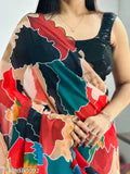 Multicolor Georgette saree with cutwork border, embellished net blouse & free size