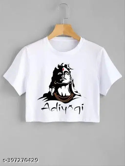 White polyester crop top with Mahadev design, short sleeves and round neck for girls, printed net pattern