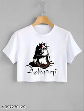 White polyester crop top with Mahadev design, short sleeves and round neck for girls, printed net pattern