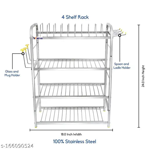Stainless steel wall mount, 4-shelf dish rack for kitchen utensils, plate holder, cutlery holder, and glass holder - Winstar 24x18 inch