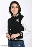 Black colorblocked fleece Women's NY Varsity Jacket with long sleeves, suitable for various occasions