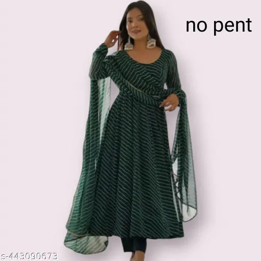 Green dyed/washed Georgette anarkali set, features three-quarter sleeves and heavy fox laheriya print. Single size available in S, L, XL, XXL. Made in India