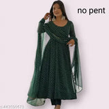 Green dyed/washed Georgette anarkali set, features three-quarter sleeves and heavy fox laheriya print. Single size available in S, L, XL, XXL. Made in India