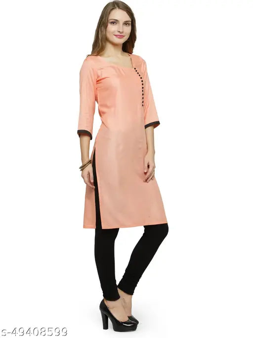 Peach solid rayon kurti, self-designed with long sleeves, from Enchanted Drapes, India