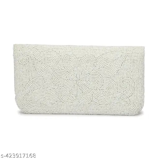 Handmade white embroidery fabric clutch, 2 compartments, free size (9in x 5in), trendy Indian design