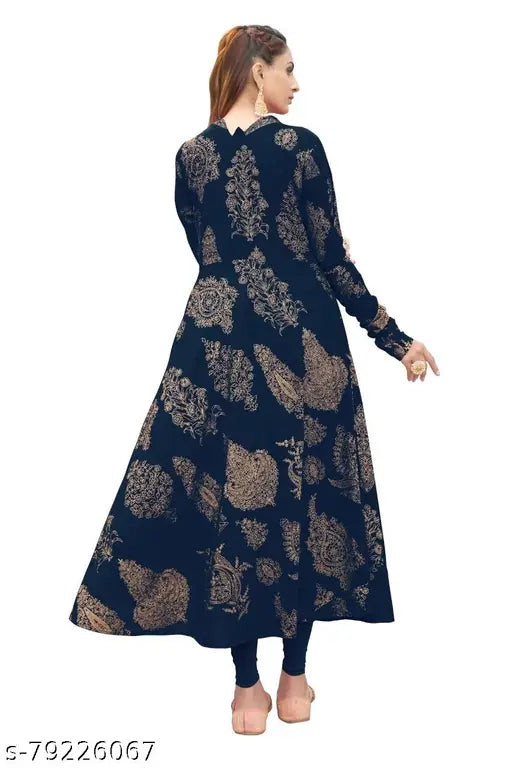 Women's rayon printed gown kurta, long sleeves, foil print, size L (bust 40in), Indian fashion