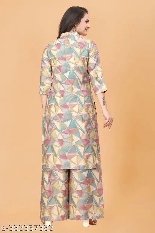 Art Silk Palazzo Kurta Set, printed net, three-quarter sleeves, perfect for weddings or formal events