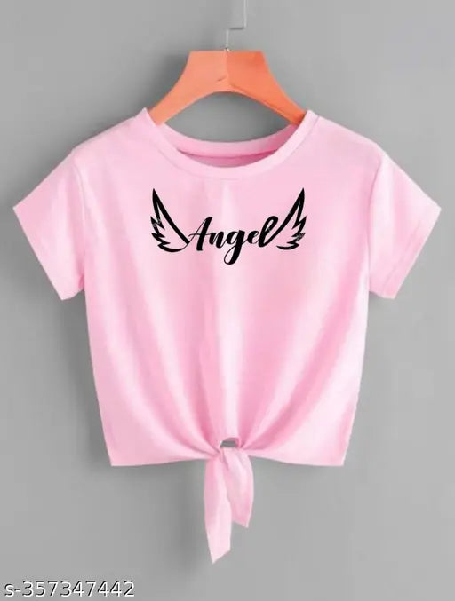 Pink cotton-blend crop top with angel printed design, short sleeves and available in sizes S, M, L, XL
