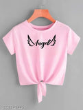 Pink cotton-blend crop top with angel printed design, short sleeves and available in sizes S, M, L, XL