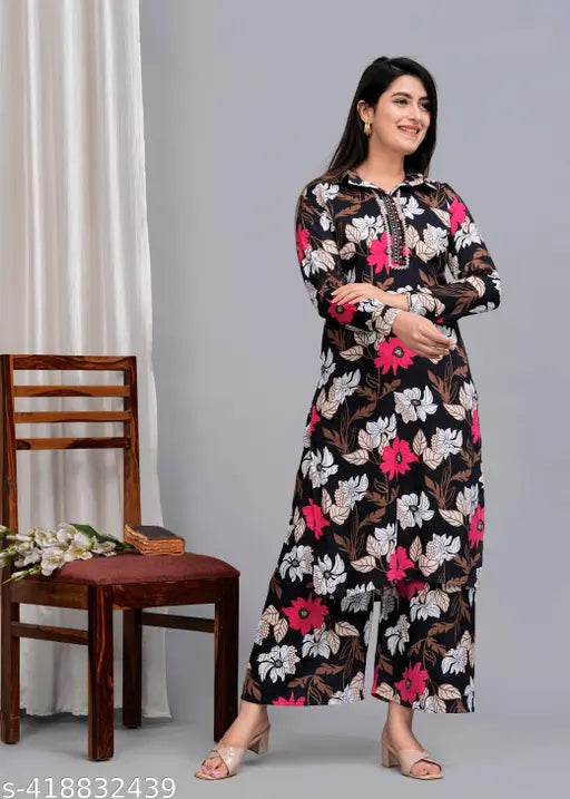 Printed black floral rayon Kurta & Palazzo set for women's fashion, collared neck style