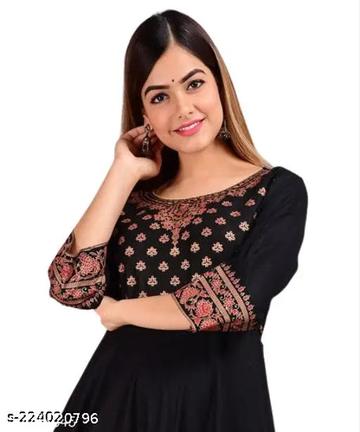 Black rayon printed Anarkali kurti, three-quarter sleeves, Indian ethnic women's fashion