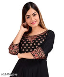 Black rayon printed Anarkali kurti, three-quarter sleeves, Indian ethnic women's fashion