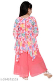Pink chiffon girls Kurta & Palazzo set, A-line with three-quarter sleeves, knee length. Indian fashion for growing girls, size 4-12 years