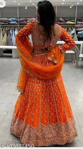 Orange Georgette Lehenga Choli Set - Indian festive wear, embroidered, long-sleeved, premium quality