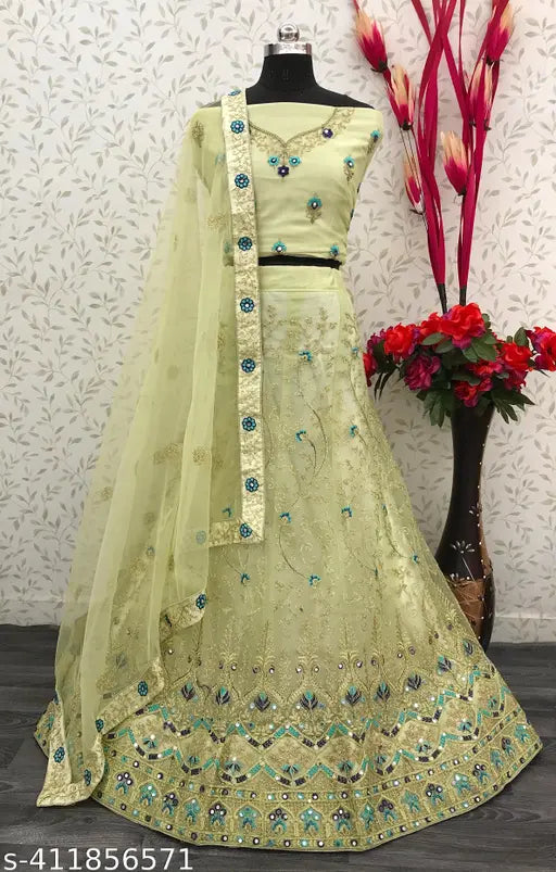 South Indian embroidered Western wedding lehenga set - net fabric with intricate embellishments, free size