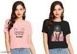 CINTIA Women's & Girls Printed Cotton T-shirt Combo (2 Pack), MEOW and BTS Girl design, short sleeves, S-XL