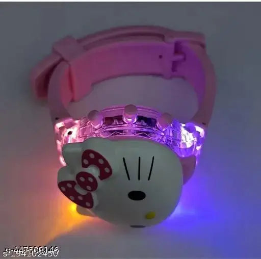 Pink silicon Hello Kitty digital watch for kids, multicolor LED flashing lights, music feature, protective face cover, LCD dial. Ideal birthday gift for girls aged 3-9