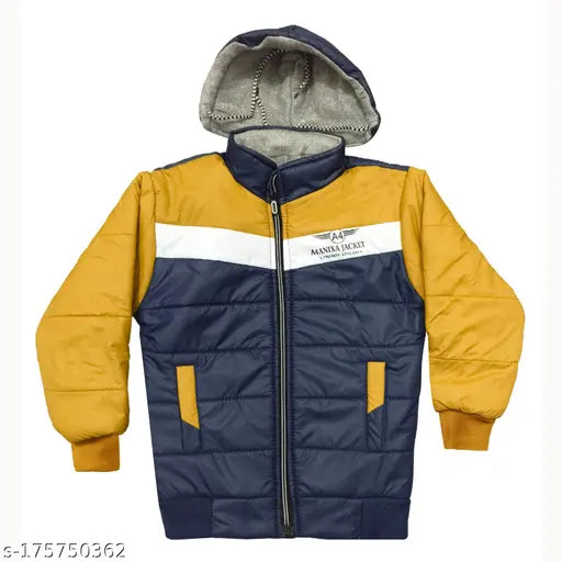 Stylish yellow and blue polyester winter baby hooded jacket for boys (6-12 months) - colorblocked design, machine washable