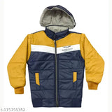 Stylish yellow and blue polyester winter baby hooded jacket for boys (6-12 months) - colorblocked design, machine washable