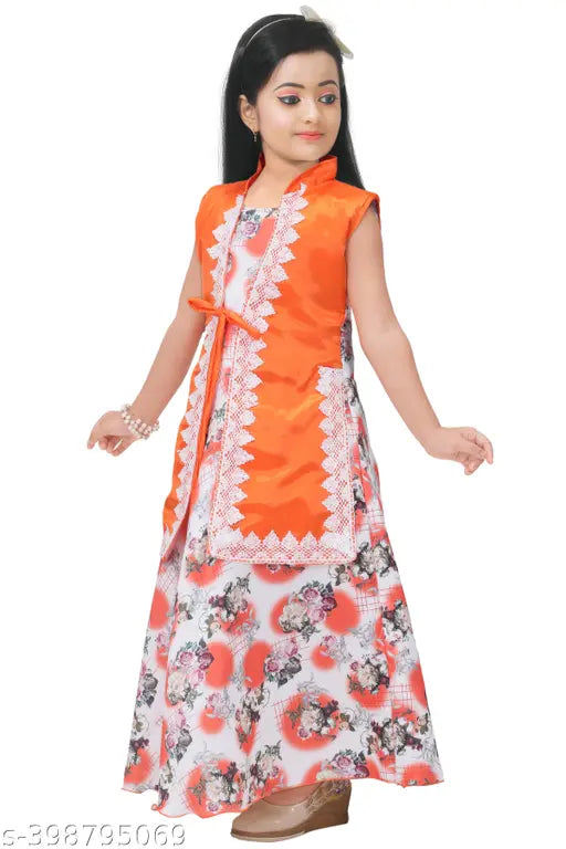 Cotton blend sleeveless digital print gown by S K Fashion. Vibrant and comfortable dress for parties, weddings, and festivals like Diwali, Navratri, Eid, Christmas, and more. Perfect fit and high-quality fabric for all seasons, suitable for ages 2-11 years old. Made in India