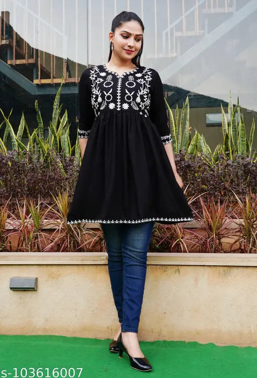 Black rayon fit-and-flare kurti, three-quarter sleeves, embroidered pattern. Women's dress, L (bust size 40in), XXL, XXXL. India-origin fashion