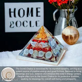Laxmi Pyramid - Feng Shui crystal pyramid with Rudraksha Shree Yantra, Gomati Chakra, white kauri, and ratti seeds for wealth, prosperity, good luck, and spiritual growth. Made from resin. Indian origin