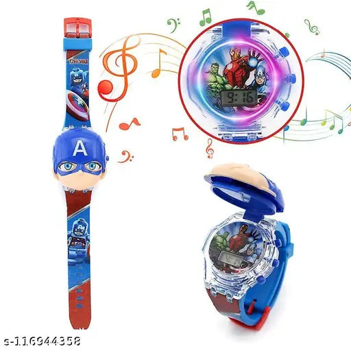 Marvel Avengers Luminous Clock: Kids' flashing light music watch in plastic case, featuring Spiderman and Batman characters