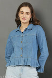 Stylish denim jacket for women, solid color, long sleeves, size S (Bust 17in, Length 22in, Waist 16in, Hip 16in, Shoulder 14in), made in India