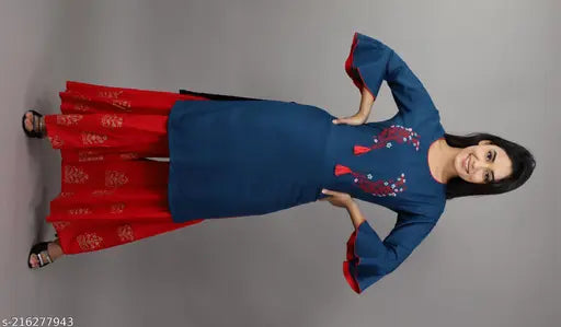 Rayon embroidered kurta-sharara set for women, three-quarter sleeves, single size available, Indian traditional wear on model