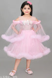 Pink net hanging sleeve knee-length dress for girls, embellished pattern, lightweight and comfortable, perfect for special occasions