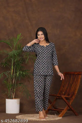 Women's printed rayon nightsuit set with three-quarter sleeves, India origin