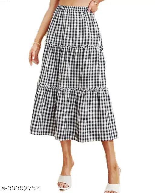 Women's black & white plaid cotton-linen midi skirt, high waist with elastic waistband, layered hem, pleated and frilled for a chic casual summer look