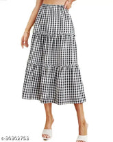Women's black & white plaid cotton-linen midi skirt, high waist with elastic waistband, layered hem, pleated and frilled for a chic casual summer look