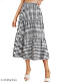 Women's black & white plaid cotton-linen midi skirt, high waist with elastic waistband, layered hem, pleated and frilled for a chic casual summer look