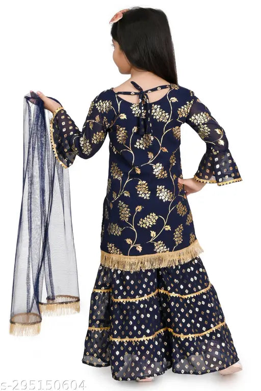 Chiffon chappa print sarara kurti set with duppatta for kids, vibrant floral design in multiple color sizes, Indian ethnic wear