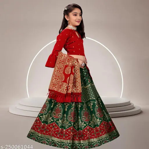 Green-Red Kids Nafiza Lehenga Set with Jute Cotton & Jacquard Dupatta, floral stitch, three-quarter sleeves. Indian girls ethnic wear self-design Lehenga Choli and Dupatta set for 7-8 Years old