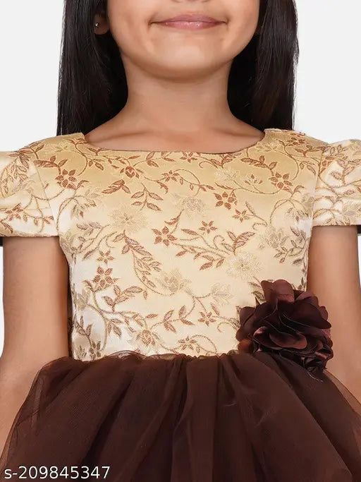 Brown hi-low dress with embellished net pattern, short sleeves for kids party wear (ages 1-2 or 2-3), made in India