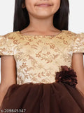Brown hi-low dress with embellished net pattern, short sleeves for kids party wear (ages 1-2 or 2-3), made in India