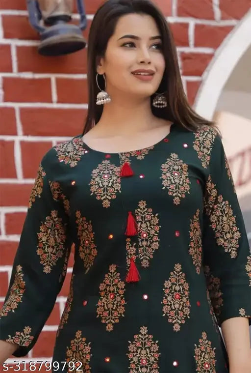Printed rayon straight kurti with sharara, three-quarter sleeves, Indian women's fashion
