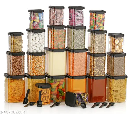 Black plastic grocery containers - pack of 24 (950ml, 650ml, 350ml), sleek square design, airtight seals, clear transparency, easy-to-stack, for pantry organization and food preservation. Made in India