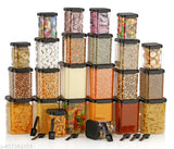 Black plastic grocery containers - pack of 24 (950ml, 650ml, 350ml), sleek square design, airtight seals, clear transparency, easy-to-stack, for pantry organization and food preservation. Made in India