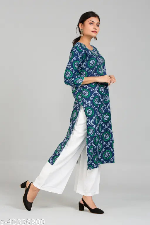 Printed rayon Banita Ensemble women's kurta set with palazzos, three-quarter sleeves, single size, Indian clothing on display