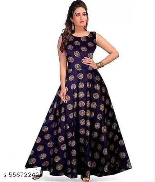 Rayon printed sleeveless gown, vibrant print on female figure, India origin