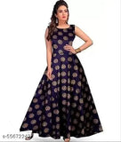 Rayon printed sleeveless gown, vibrant print on female figure, India origin