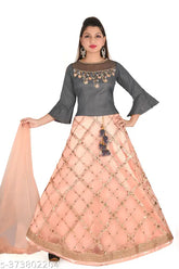 Girls net readymade Lehenga Choli set, embroidered art silk lehenga with embellished stitch, three-quarter sleeve length, Indian handcrafted ethnic wear for young girls