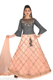 Girls net readymade Lehenga Choli set, embroidered art silk lehenga with embellished stitch, three-quarter sleeve length, Indian handcrafted ethnic wear for young girls
