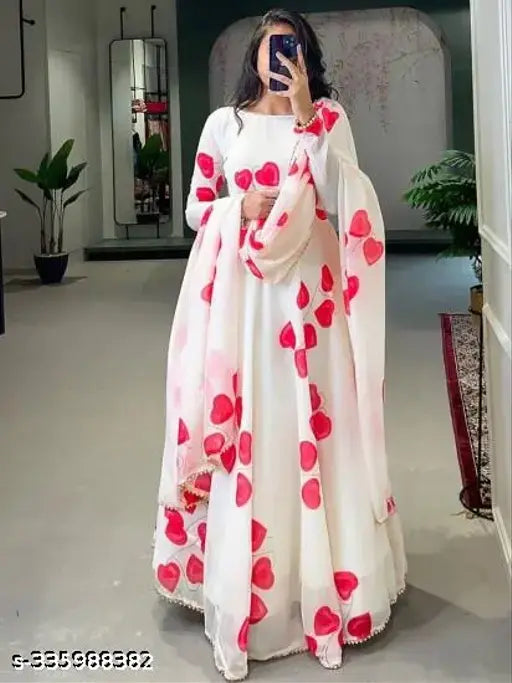 Stylish Georgette printed gown and dupatta set, trendy heart design with pearl border for women (S-XXL)