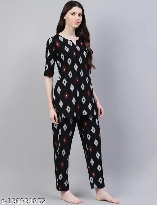 ASN Women's black and white printed rayon night suit - XS (34-38-34), three-quarter sleeves, patterned pyjamas on hanger