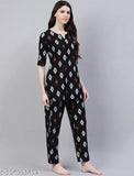 ASN Women's black and white printed rayon night suit - XS (34-38-34), three-quarter sleeves, patterned pyjamas on hanger